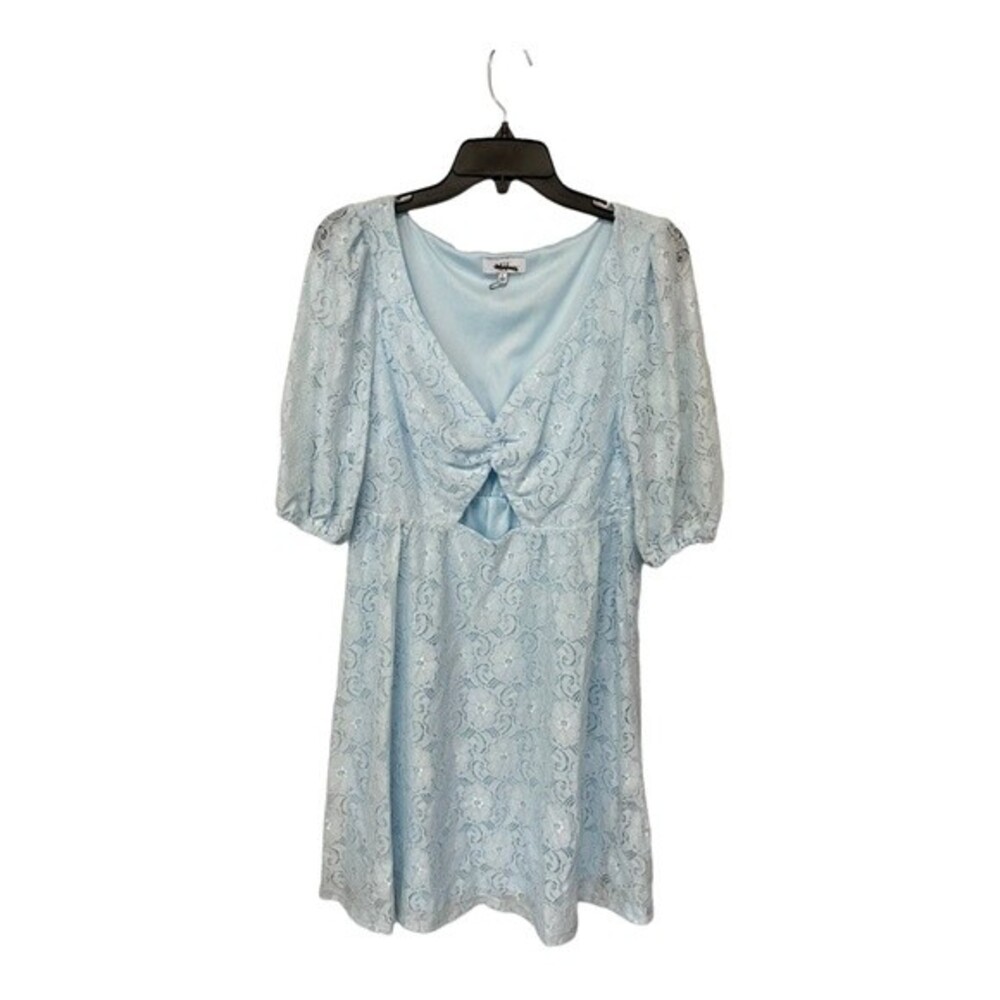 NWOT NSR | Puff Sleeve Lace Overlay Cutout Dress Powder Baby Blue L